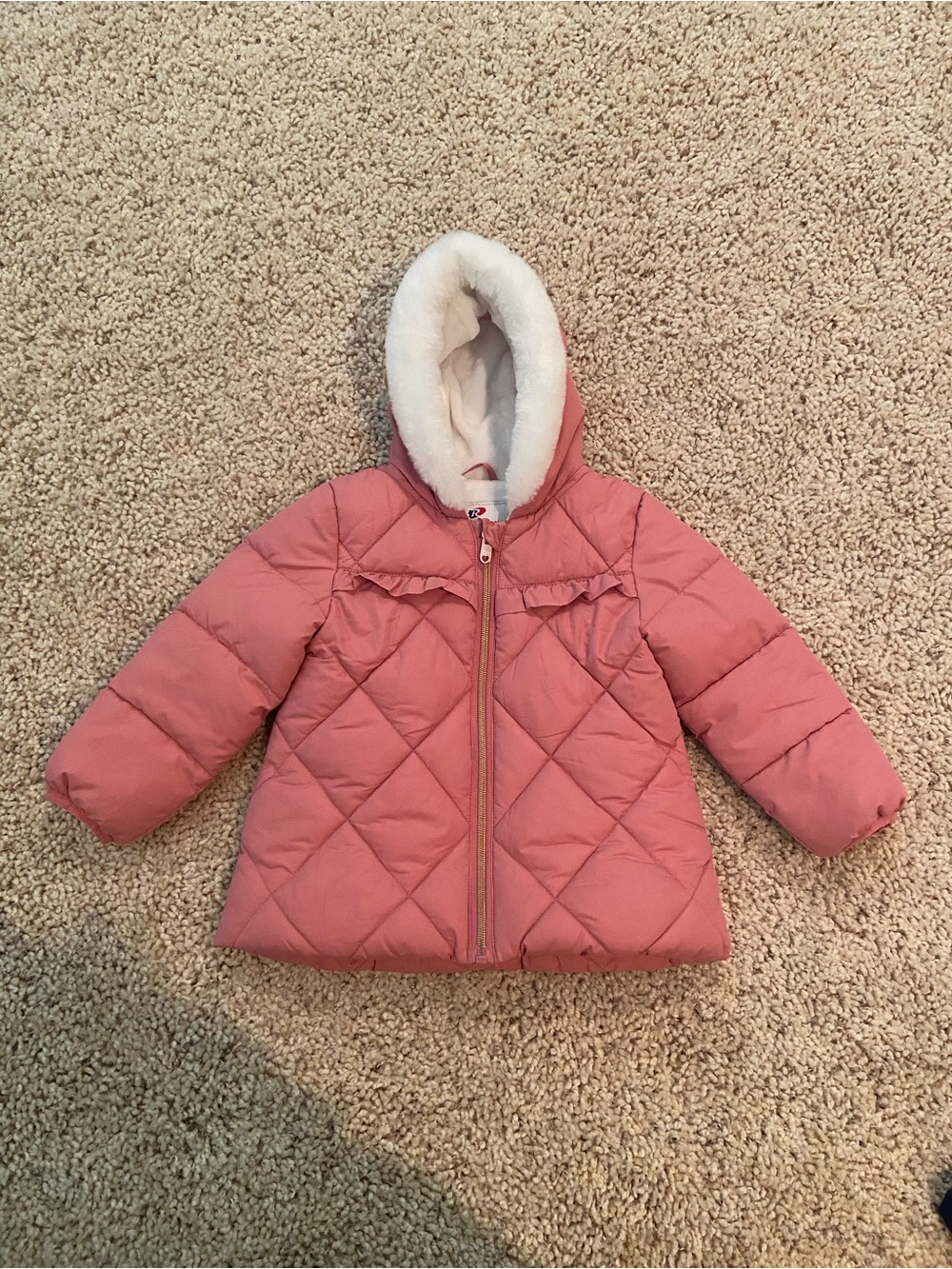 Girls' Quilted Pink Hooded Puffer Jacket with Faux Fur Trim